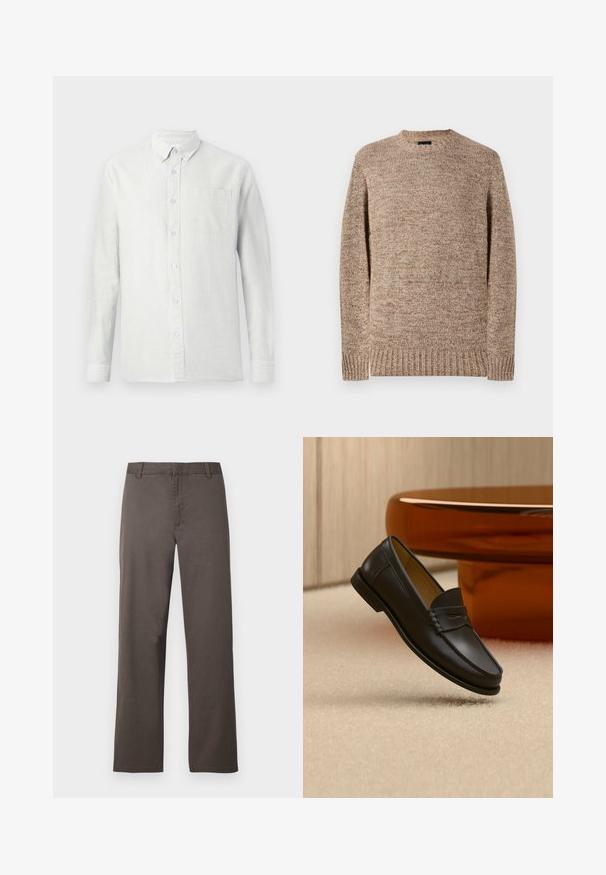 Pull en maille marron clair avec un motif texturé. Doté d'un col rond et de poignets et d'ourlet côtelés pour un ajustement confortable.; Chemise à manches longues de couleur claire avec des rayures verticales, col boutonné et poche sur la poitrine. Le tissu semble texturé avec une finition douce.; Pantalon en coton marron avec une coupe droite, doté de passants de ceinture et une texture lisse. Aucun motif visible ni détail de quincaillerie.; Chaussure mocassin en cuir noir suspendue au-dessus d’un tapis beige avec du mobilier moderne couleur ambre en arrière-plan.