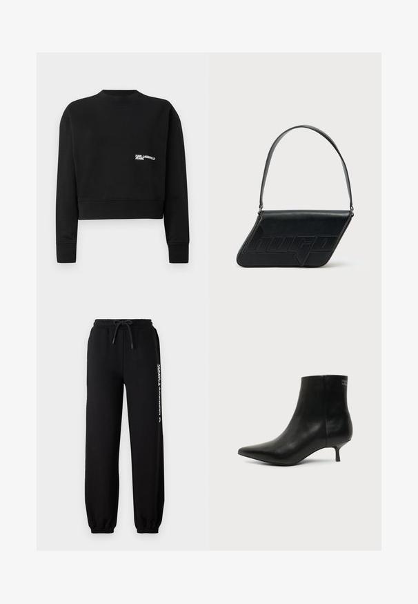 Sort cropped sweatshirt lavet af blødt stof, med rund hals, lange ærmer og et hvidt logo "KARL LAGERFELD JEANS" på brystet.; Sorte sweatpants med elastisk talje, justerbar snor og tætsiddende manchetter. Har et hvidt logo trykt på venstre side.; Sort læder ankelstøvle med spids tå og lav kitten hæl på lys baggrund, der viser yderside.; Sort skuldertaske i læder med trekantet form, præget logo og en enkelt justerbar rem. Minimalistisk design med glat tekstur.