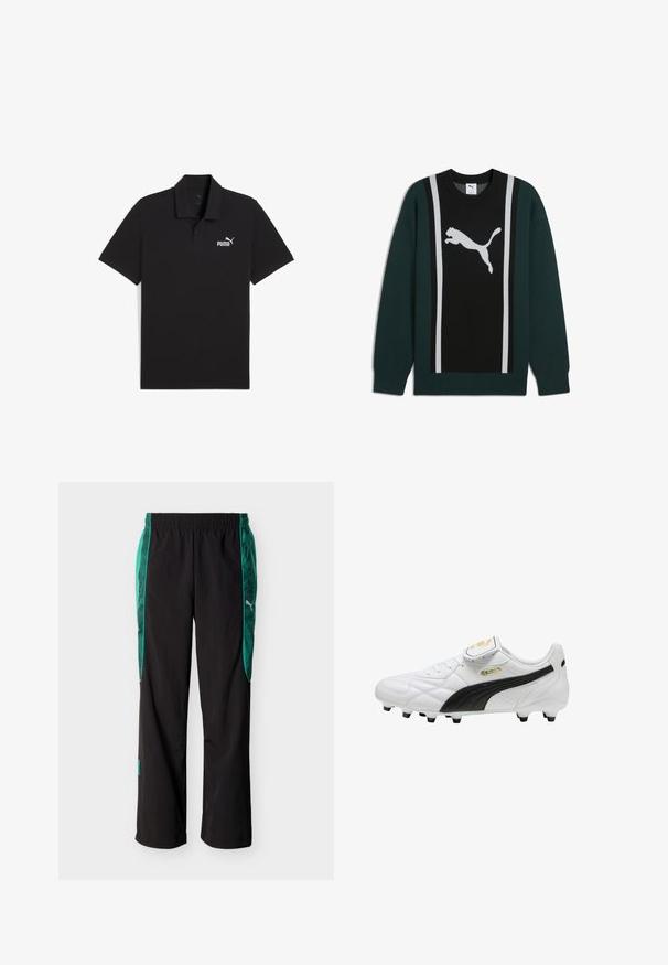 Un pull crewneck noir, vert et gris avec un grand logo Puma blanc au centre et des rayures verticales contrastées sur les côtés.; Polo noir en coton, avec un col classique, des manches courtes et un logo Puma blanc sur la poitrine gauche. Texture lisse.; Pantalon de sport noir avec des panneaux latéraux à motif vert et une taille élastique, arborant un logo Puma blanc sur le côté droit.; Chaussure de football blanche avec une bande noire, crampons moulés, lacets, et une languette à scratch affichant des logos dorés.