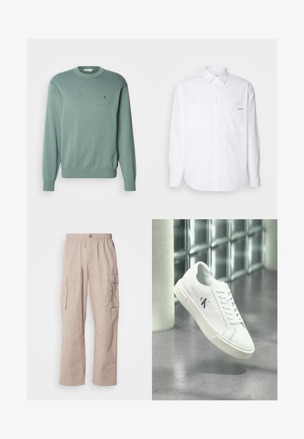 Lysegrøn strikket sweater med rund halsudskæring, lange ærmer og ribstrikkede manchetter. Har et lille logo på brystet. Teksturen virker blød.; Hvid langærmet skjorte med knaplukning, lavet af bomuld. Har to brystlommer, en buet kant og et lille guldlogo på venstre lomme.; Beige cargo bukser med en afslappet pasform, elastisk talje, knaplukning og sidelommer. Fremstillet af letvægtsmateriale med en glat tekstur.; Hvid Calvin Klein sneaker med snørebånd, vist svævende over en poleret betongulv og en baggrund af glasblokke.