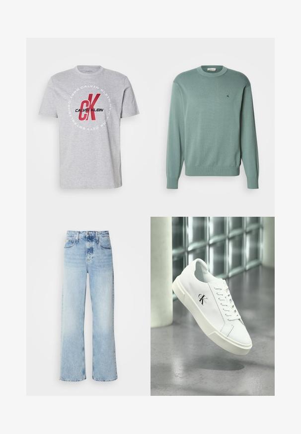 Lysegrøn strikket sweater med rund halsudskæring, lange ærmer og ribstrikkede manchetter. Har et lille logo på brystet. Teksturen virker blød.; Grå bomulds t-shirt med rund halsudskæring, korte ærmer og et centralt grafik med "Calvin Klein" og "CK" i rød og sort.; Lysblå vide jeans med høj talje, der har en falmet finish, bæltestropper og klassisk fem-lomme design. Kantene er rå.; Hvid Calvin Klein sneaker med snørebånd, vist svævende over en poleret betongulv og en baggrund af glasblokke.