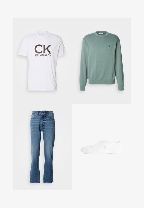 Lysegrøn strikket sweater med rund halsudskæring, lange ærmer og ribstrikkede manchetter. Har et lille logo på brystet. Teksturen virker blød.; Hvid bomuld t-shirt med et stort sort "CK" logo og "CALVIN KLEIN" tekst nedenfor. Klassisk rund hals og korte ærmer.; Lyseblå denim jeans med lige pasform og let flare. Har fem lommer, knaplukning og subtile slidte detaljer.; Hvid lavtop canvas-sneaker med hvide snørebånd og et diskret "cK"-logo på siden, gummisål med tekstureret tåhætter.