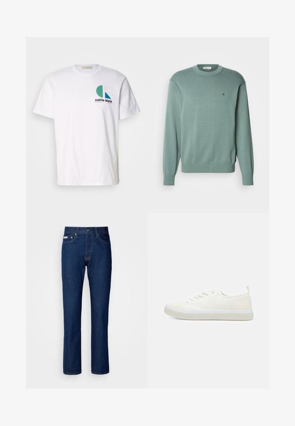 Lichtgroene gebreide trui met een ronde hals, lange mouwen en geribde manchetten. Heeft een klein logo op de borst. De textuur lijkt zacht.; Witte katoenen t-shirt met een kleurrijk grafisch ontwerp met ronde vormen en het "Calvin Klein" logo aan de voorkant. Korte mouwen, ronde hals.; Donkerblauwe spijkerbroek met een rechte pijpdesign, voorzien van een rits en knoopsluiting, vijf zakken en subtiele stikseldetails.; Calvin Klein TOP LACE UP UNIFIT - Sneakers laag - salt bay
