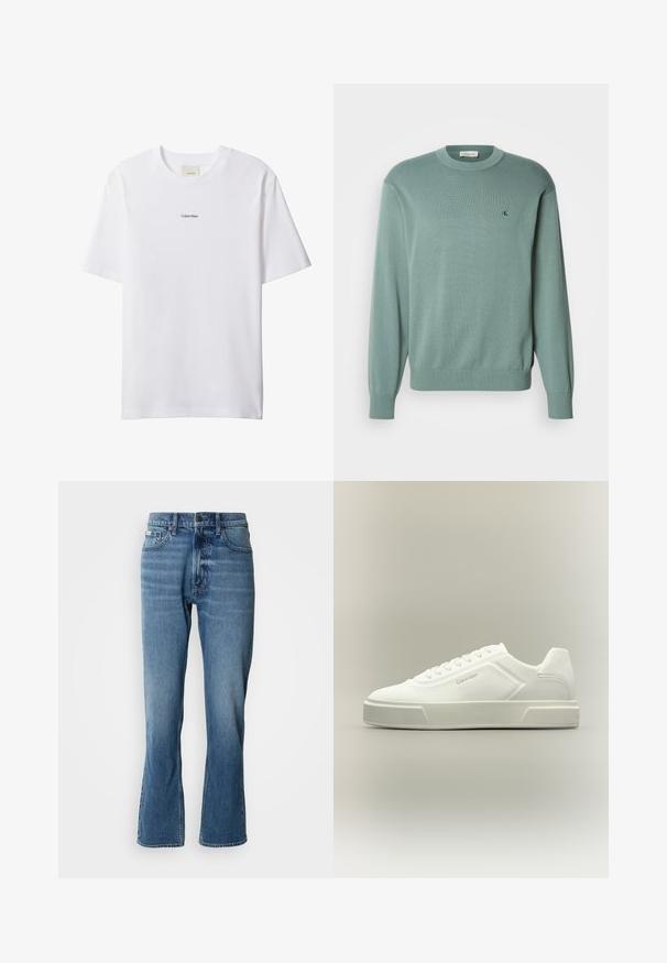 Lichtgroene gebreide trui met een ronde hals, lange mouwen en geribde manchetten. Heeft een klein logo op de borst. De textuur lijkt zacht.; Witte katoenen T-shirt met een ronde hals en korte mouwen. Heeft een klein zwart "Calvin Klein"-logo in het midden van de borst.; Lichtblauwe denim jeans met een rechte snit en een lichte flare. Beschikt over vijf zakken, een knoopsluiting en subtiele wassingdetails.; Witte low-top sneaker met veterontwerp en subtiel Calvin Klein-logo aan de zijkant, tegen een neutrale achtergrond.