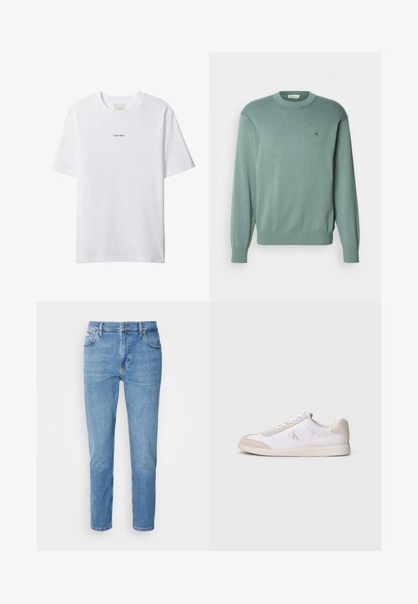 Suéter de punto verde claro con cuello redondo, mangas largas y puños acanalados. Presenta un pequeño logo en el pecho. La textura parece suave.; Camiseta blanca de algodón con cuello redondo y mangas cortas. Cuenta con un pequeño logo negro de "Calvin Klein" centrado en el pecho.; Vaqueros de mezclilla azul claro con corte recto, diseño de cinco bolsillos y un sutil desgastado. Presentan un cierre de botón y pasadores para cinturón.; Zapatilla baja blanca y beige con cordones en la parte delantera, detalles de ante y logotipo "cK" en el lateral, mostrada de perfil sobre un fondo llano.