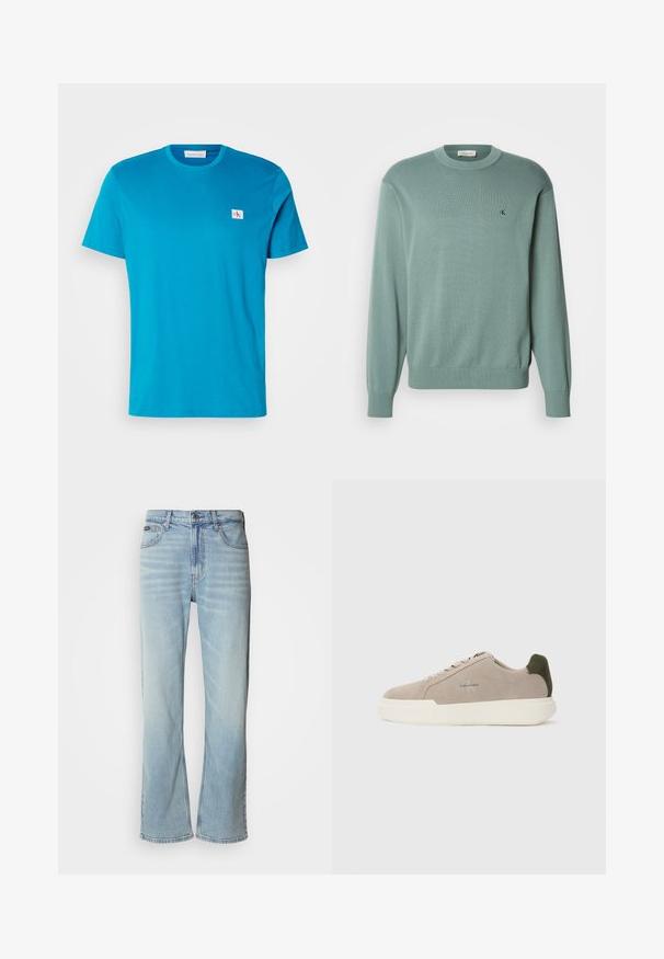 Lysegrøn strikket sweater med rund halsudskæring, lange ærmer og ribstrikkede manchetter. Har et lille logo på brystet. Teksturen virker blød.; Turkis bomulds t-shirt med korte ærmer, rund hals og en lille hvid logo-patch på brystet. Glat tekstur og afslappet pasform.; Lyseblå denimjeans med lige ben, der har fem lommer, knaplukning og en subtil falmning på stoffet.; Beige ruskinds sneakers med en hvid gummisål, der har en mørkegrøn hælaccent og subtil branding på siden.