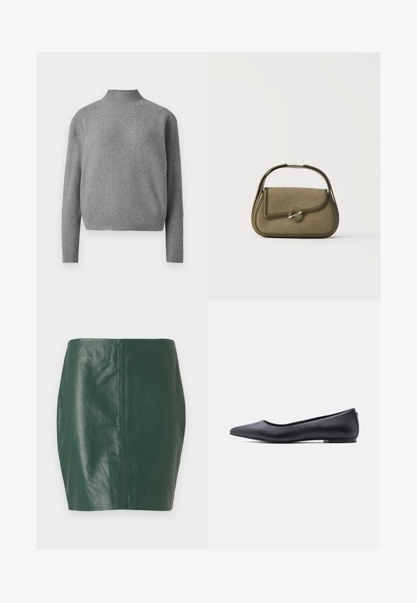 Lys grå, ribbet striktrøje med høj mock-neck og lange ærmer, præsenteret mod en hvid baggrund.; Grøn lædermini-skjørt med en glat overflade og tætsiddende pasform. Har et sømløst design uden synlige lukninger eller hardware.; Sort flad lædersko med spidst tåparti og lav hæl, vist i sideprofil mod en hvid baggrund.; Lille olivengrøn håndtaske med afrundede kanter, et topgreb og en klaplukning sikret med en cirkulær metalbeslag.