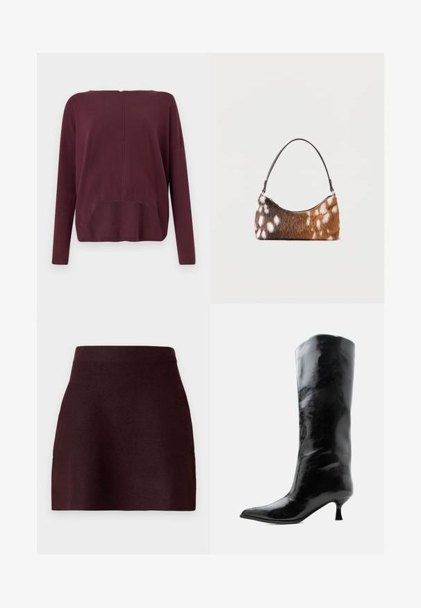 Vero Moda Knitted VMBREEZE Knitted - Jersey de punto - winetasting; Mini falda burdeos con una cinturilla ajustada, textura suave y una silueta acampanada. Diseño sencillo sin patrones ni detalles metálicos.; Bota negra de cuero brillante hasta la rodilla con punta puntiaguda y tacón bajo curvado sobre un fondo claro y liso.; Bolso de hombro con piel sintética de manchas marrones y blancas y una correa negra delgada, mostrado sobre un fondo blanco.