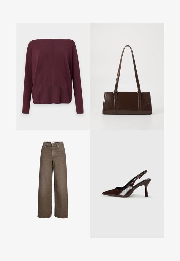 Vero Moda Knitted VMBREEZE Knitted - Striktrøje - winetasting; Brune højttaljede viddebenjeans med frontknap og lynlås, for- og baglommer samt bæltestropper.; Brune patenterede læderslingback-sandaletter med spids tå, en tynd hæl og justerbar rem med en lille spænde.; Brun lakeret håndtaske med rektangulær form, to lange håndtag og subtile buede detaljer på fronten.