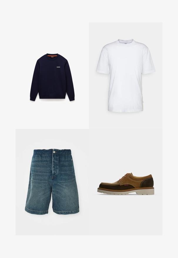 Sudadera azul marino de manga larga con cuello redondo y pequeño logo blanco en el pecho izquierdo, detalle interior del cuello en color naranja.; Camiseta de algodón blanca con cuello redondo, mangas cortas y dobladillo recto. Cuenta con una pequeña etiqueta de la marca en la costura lateral izquierda.; Pantalones cortos de mezclilla en azul oscuro con un ajuste holgado, que cuentan con un cierre de botón y costuras visibles a lo largo del dobladillo y los bolsillos.; Zapato informal marrón y tostado de ante con cordones, suela blanca gruesa y costuras en contraste sobre fondo liso.