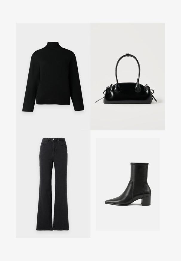 Un pull col roulé noir en tricot doux, doté de manches longues et d'une coupe décontractée. Texture lisse sans motifs ou accents visibles.; Jeans en denim noirs taille haute avec jambes évasées, bouton avant et design à cinq poches, sur un fond blanc uni.; Bottine noire en cuir lisse, avec un bout pointu, un talon carré et des coutures surélevées distinctes au bord supérieur.; Petit sac à main noir brillant avec deux longues anses et des détails à cordon sur les côtés sur un fond clair uni.