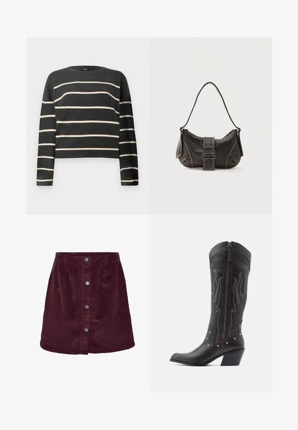 Pull en tricot à manches longues gris foncé avec des rayures horizontales crème et un col rond.; Jupe mini en velours côtelé bordeaux avec une forme évasée, dotée de cinq boutons argentés sur le devant et d'une texture côtelée subtile.; Bottes de cowboy en cuir marron avec surpiqûres en forme de flammes, fermeture éclair latérale, clous argentés, bout pointu et talon superposé.; Sac à épaule en cuir noir avec une sangle à boucle, des bords arrondis et des coutures blanches contrastées sur un fond uni.