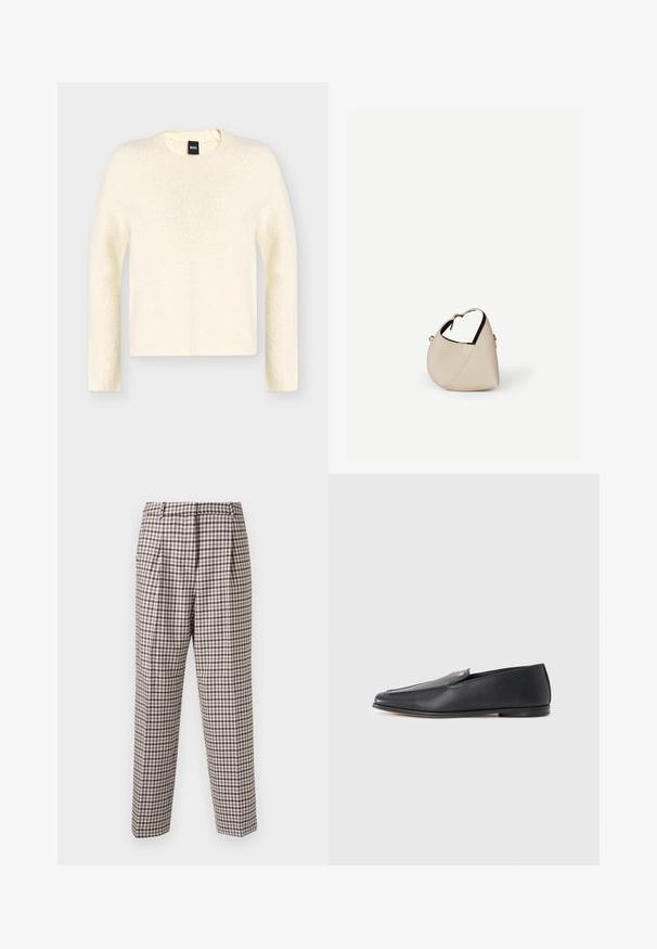 Pull texturé crème à manches longues et col rond avec une étiquette de la marque BOSS à l'intérieur du col, présenté sur un fond gris uni.; Pantalons à carreaux avec un motif quadrillé marron et blanc, devant plissé, coupe droite et texture lisse. Convient à diverses occasions.; Mocassins en cuir noir à texture lisse, bout arrondi et détails de couture subtils. Ils présentent un accent logo doré sur le côté supérieur.; Sac à main en cuir beige en forme de croissant avec une seule bandoulière et des coutures minimalistes, posé sur un fond blanc uni.