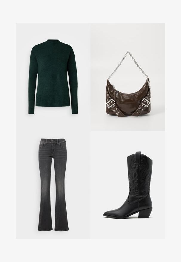Vero Moda Tall VMLEFILE BOXY - Pullover - scarab melange; Jean en denim gris foncé avec un léger délavage, taille mi-haute, fermeture à bouton et légère évasement aux ourlets.; Bottes de cowboy en cuir noir avec un bout pointu, des motifs en relief en spirale et un talon de hauteur moyenne. Équipées d'une languette pour un enfilage facile.; Sac à main en cuir verni marron foncé avec une bandoulière en chaîne argentée, des ceintures décoratives à double boucle et une fermeture éclair.