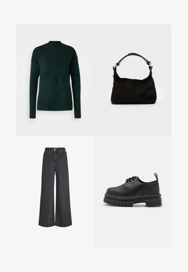 Vero Moda Tall VMLEFILE BOXY - Trui - scarab melange; Zwarte high-waist jeans met wijde pijpen, sluiting aan de voorkant met knopen en rits, voorzakken en rafelige zoom.; Zwarte leren schoenen met een dikke, gestructureerde zool. Kenmerken zijn gele stiksels, een ronde neus en een trekband aan de hak.; Zwarte neplederen handtas met een zachte textuur, ronde vorm en een stevige zwartleren schouderband. Zilveren hardwareaccenten zichtbaar.
