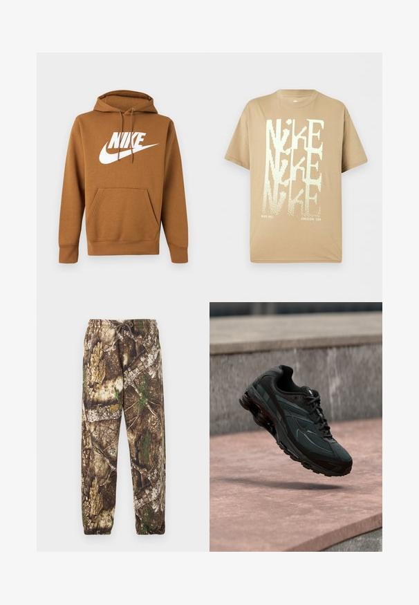 Brun hættetrøje med frontlomme og hvid Nike-logo og swoosh på brystet, snøre i hætten, lange ærmer og ribstrikkede manchetter.; Beige kortærmet Nike T-shirt med overlappende stor hvid "NIKE" tekst samt små "NIKE INC." og "OREGON, USA" nederst.; Camo sweatpants med et brunt og grønt naturligt mønster, der har en elastisk talje med snore og elastiske manchetter ved anklerne.; Sort atletisk sneaker med synligt luftdæmpende mellemsål, der svæver over en pink stenoverflade med en grå stenvæg i baggrunden.