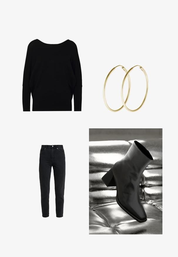 Sort oversized sweater med en bred halsudskæring, rummelige skuldre og lange ærmer. Fremstillet af blødt stof med en glat overflade og minimal sømdetaljering.; High-waist sort denim jeans med forreste knap og lynlås, to forlommer og en tilspidset ben foran på en hvid baggrund.; Sorte ankelstøvler lavet af glossy materiale med firkantet tå og spidse hæle, sat mod en skinnende sølv tuftet baggrund.; Guld hoops øreringe med et glat, rundt design og en blank finish. Letvægts konstruktion med en sikker låsemekanisme.