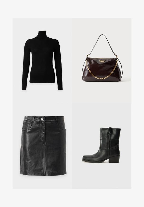 Sort ribbet langærmet rullekravesweater med tætsiddende silhuet på ensfarvet hvid baggrund.; Weekend Max Mara HULL - Pencil skirt - nero; Sort læder ankelstøvle med rundt tå, blokhæl, lynlås i siden og stikninger på vampsiden. Glat tekstur, klassisk design.; Mørkebrun blank læderhåndtaske med et gyldent vingeemblem, gyldent kædedetalje og en tynd læder skulderrem på en ensfarvet baggrund.