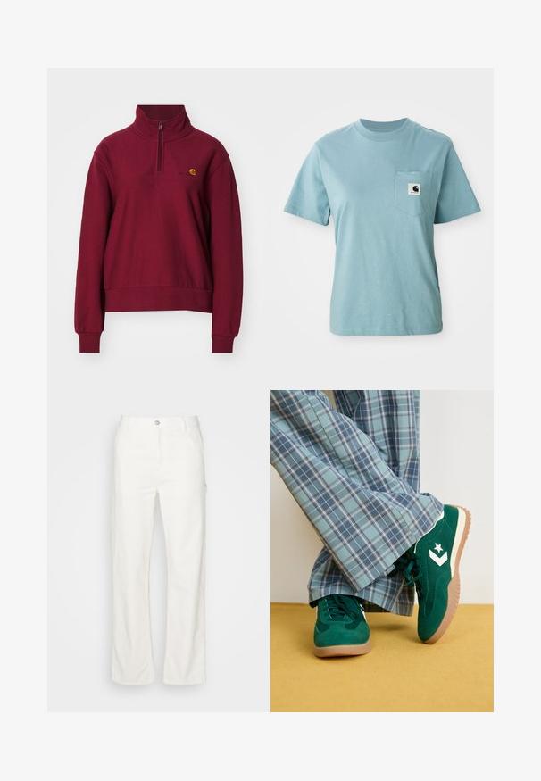 Carhartt WIP AMERICAN HIGH NECK - Sudadera - malbec; Camiseta de algodón de manga corta color azul claro con bolsillo en el pecho que presenta un pequeño parche del logotipo en blanco y negro de Carhartt.; Pantalones rectos de algodón blanco con cierre frontal de botón, lazos para cinturón y bolsillos laterales. Textura suave sin patrones visibles.; Zapatillas de ante verdes con acentos blancos y un logo de estrella, combinadas con pantalones de cuadros azules de pierna ancha, sobre un suelo amarillo.