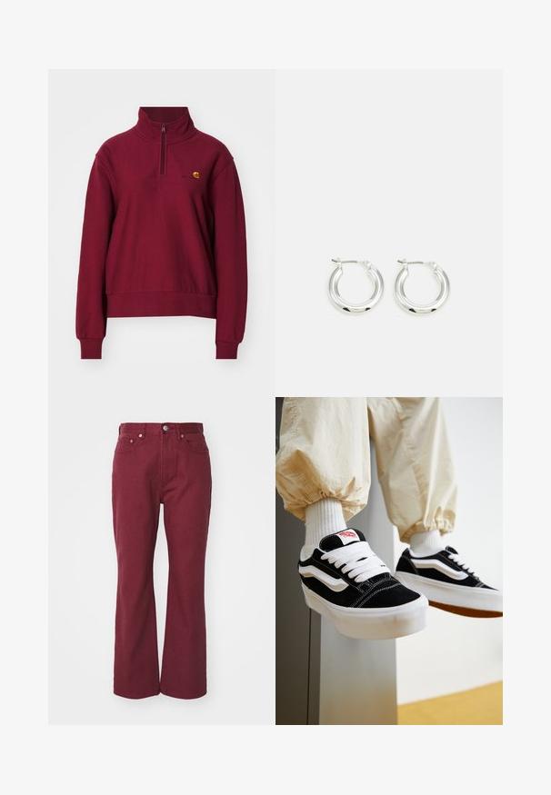 Carhartt WIP AMERICAN HIGH NECK - Sudadera - malbec; Jeans de mezclilla de pernera ancha en burdeos, con cierre frontal de botón, pasadores para cinturón y dos bolsillos delanteros. Textura suave con costuras mínimas.; Persona que lleva zapatillas Vans negras y blancas con cordones blancos, calcetines blancos y pantalones beige con puños elásticos.; Pendientes de aro de plata con un acabado pulido, que presentan una forma circular y un cierre de gancho. Textura suave con detalles mínimos.