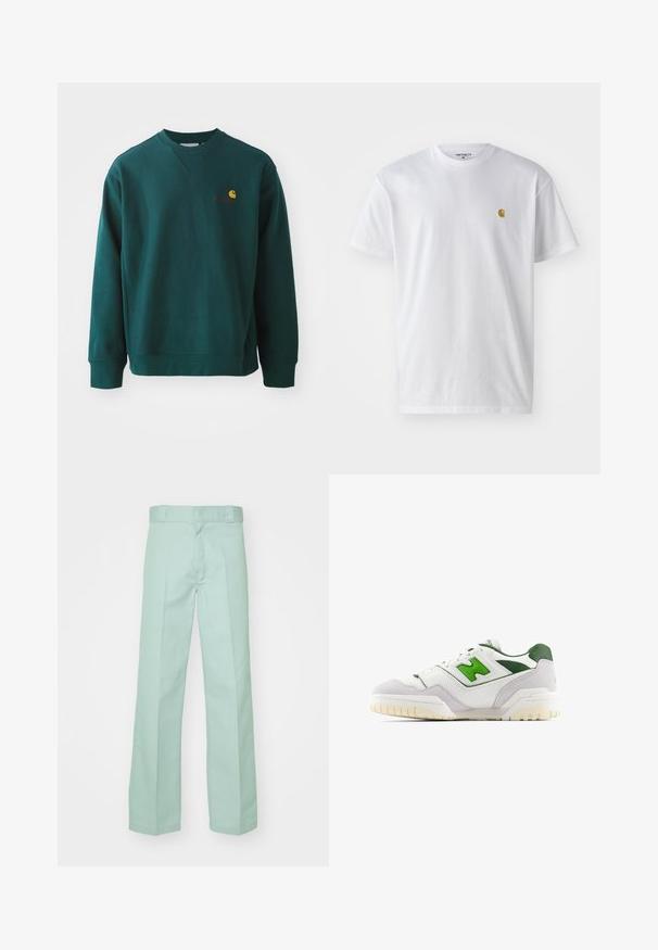 Sudadera verde oscuro de algodón, con cuello redondo acanalado, mangas largas y un pequeño logo de Carhartt en el pecho.; Camiseta de algodón blanca con mangas cortas, cuello redondo, que presenta un pequeño logo dorado en la parte izquierda del pecho. Textura suave y corte regular.; Pantalones de color verde claro hechos de algodón con un diseño de pierna recta, que presentan una textura suave y una cinturilla estándar con trabillas para el cinturón.; Zapatilla blanca con acentos verdes, hecha de cuero y ante. Presenta un upper texturizado, collar acolchado y una suela de goma con tacos visibles.