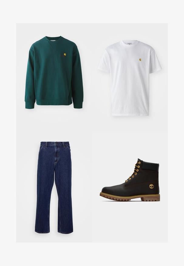 Sudadera verde oscuro de algodón, con cuello redondo acanalado, mangas largas y un pequeño logo de Carhartt en el pecho.; Camiseta de algodón blanca con mangas cortas, cuello redondo, que presenta un pequeño logo dorado en la parte izquierda del pecho. Textura suave y corte regular.; Jeans de mezclilla azul oscuro con un diseño de pierna recta, que cuentan con un cierre de botón, estilo de cinco bolsillos y detalles de costura sutiles.; Bota de cuero negro de tobillo con ojales dorados, acentos marrones y suela de goma. Presenta un cuello acolchado y un logotipo en relieve en el costado.