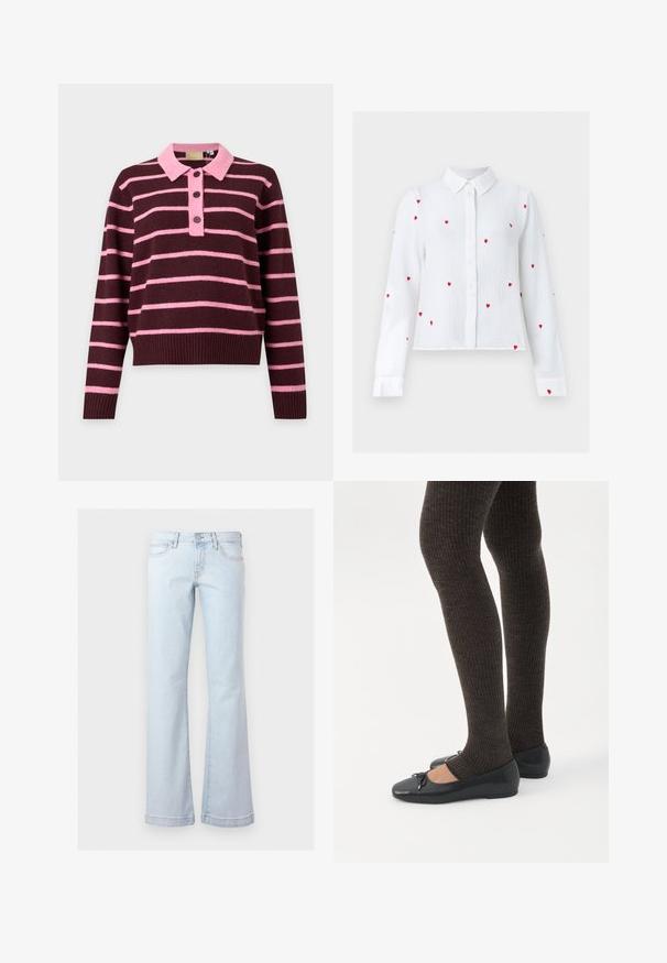 Pull en maille manches longues avec base bordeaux et rayures horizontales roses, doté d’un col rose et d’une patte de boutonnage à trois boutons.; Blouse blanche à manches longues avec boutons, motifs de cœurs rouges brodés et col pointu, présentée sur un fond neutre.; Jean en denim bleu clair taille haute avec poches avant, fermeture par boutons et jambes évasées larges.; Jambes portant des leggings côtelés foncés associés à des ballerines noires avec de petits détails en nœud sur fond blanc.