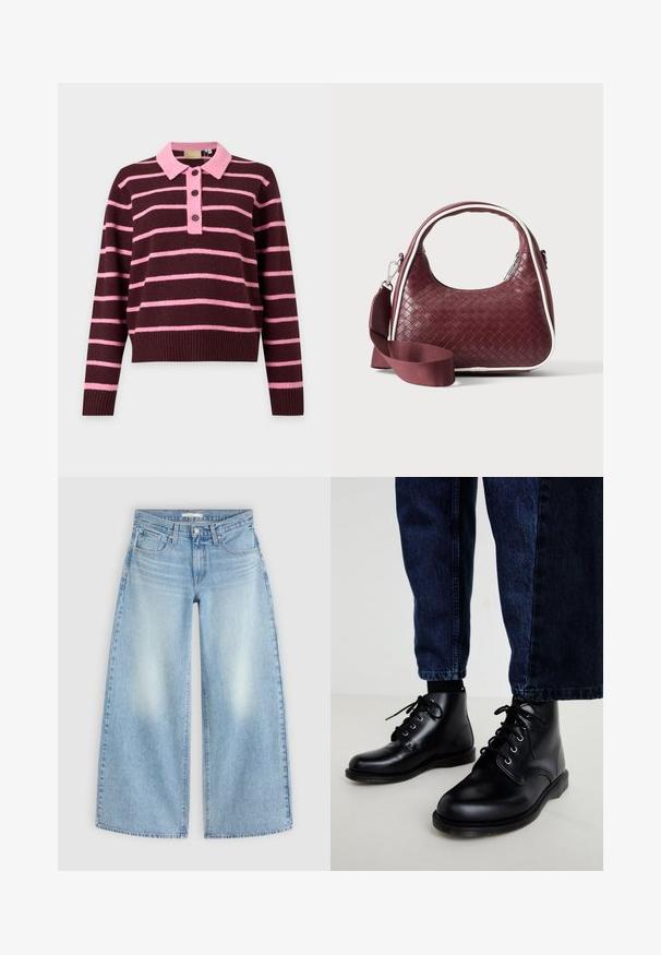 Πλεκτό πουλόβερ με μακρύ μανίκι σε μαρόν βάση με οριζόντιες ροζ ρίγες, με ροζ γιακά και πατιλέτα με τρία κουμπιά.; Ανοιχτό μπλε τζιν παντελόνι με ψηλή μέση και φαρδιά μπατζάκια, με μπροστινές τσέπες, θηλιές για ζώνη και ξεθωριασμένες περιοχές στους μηρούς, τοποθετημένο επίπεδα σε ανοιχτό φόντο.; Μαύρα δερμάτινα μποτάκια αστραγάλου με στρογγυλές μύτες, δέσιμο με κορδόνια, ασημένιες οπές και υφασμένα πέλματα, συνδυασμένα με σκούρα μπλε τζιν παντελόνια.; Χειροποίητη καφέ δερμάτινη τσάντα με καμπυλωτή λαβή, λευκή επένδυση, ασημένιο φερμουάρ και αφαιρούμενο φαρδύ υφασμάτινο λουρί ώμου σε μονόχρωμο φόντο.