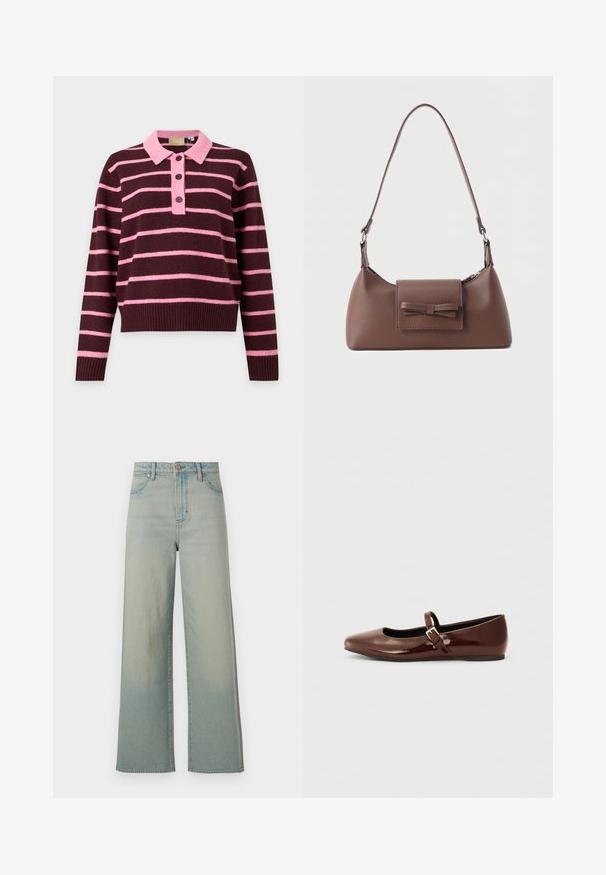 Gebreide trui met lange mouwen en een kastanjebruine basis met horizontale roze strepen, voorzien van een roze kraag en een knoopsluiting met drie knopen.; Wrangler LOOSE STRAIGHT - Wijde jeans - silver lake; Bruine gepatineerde leren balletschoen met een vierkante neus en een bandje met een kleine gouden gesp. Gladde textuur, lage hak en minimalistisch ontwerp.; Bruine leren schoudertas met een voorvak met klep en een gestikte strikdetail en een verstelbare band.