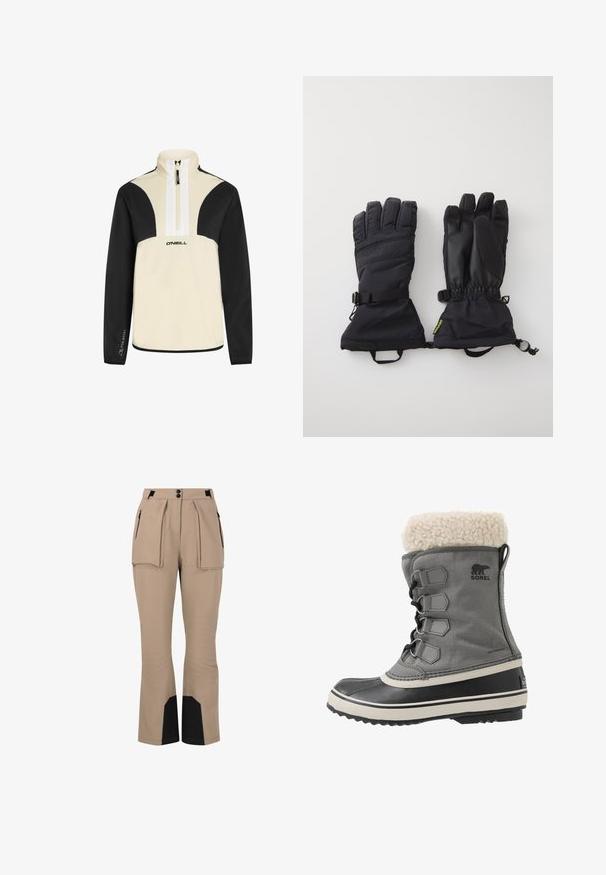 Quarter-zip trøje i beige og sort, blødt stof, har sorte ærmer og skuldre, hvid lynlås, O’Neill-logo på forsiden.; Beige udendørsbukser med to frontlommer, plisseret design og sorte detaljer ved kanten. Lavet af holdbart, fleksibelt stof.; Grå vandtæt støvle med faux fur krave, gummisål og snørebåndsudtræk. Har en glat overdel og lagdelt design med logo.; Sorte isolerede handsker med en tekstureret håndflade, justerbar håndledsstrop og elastiske manchetter, der har en glat accent på fingrene.