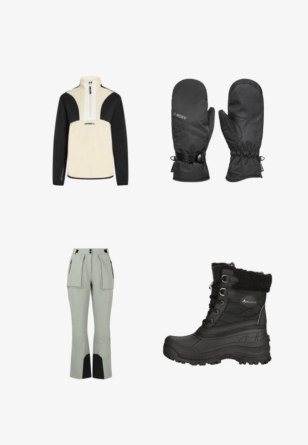 Viertelreißverschluss-Pullover in Creme und Schwarz, weicher Stoff, mit schwarzen Ärmeln und Schultern, weißem Reißverschluss und O'Neill-Logo auf der Vorderseite.; Hellgraue Skihose mit zwei Fronttaschen, gefältetem Design und schwarzen Akzenten am unteren Teil. Hergestellt aus strapazierfähigem, flexiblem Material.; Schwarzer Winterstiefel mit strukturiertem Obermaterial, Kunstfellfutter, Schnürung vorne, Gummisohle und gepolstertem Knöchel für Isolierung und Unterstützung.; Roxy GORE TEX FIZZ MITTEN - Fäustling - true black