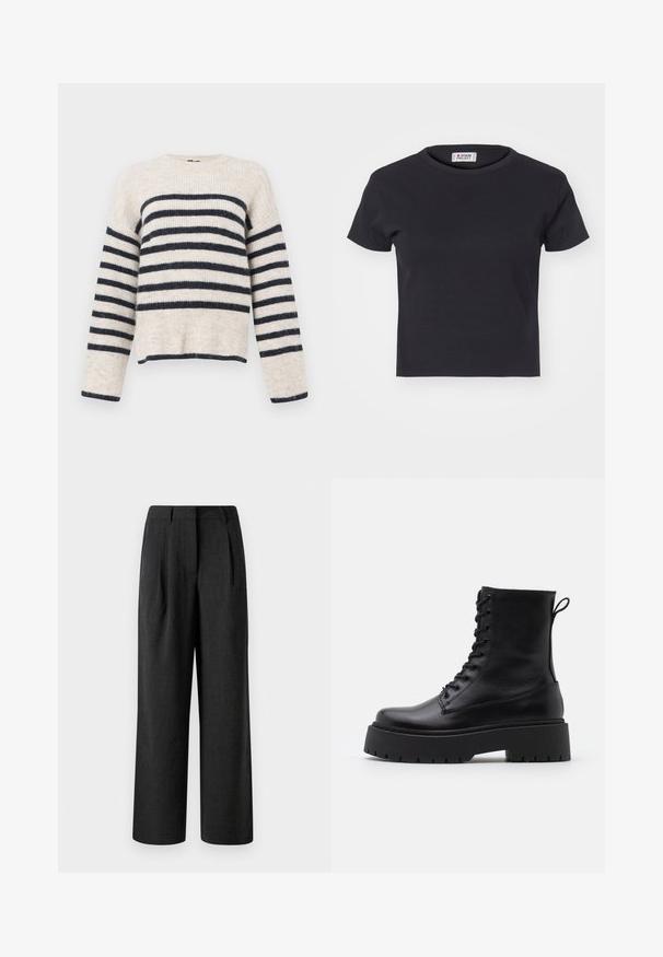 Cremfarbener Pullover mit marineblauen Streifen, gerippter Textur, Rundhalsausschnitt und langen Ärmeln. Kürzerer Schnitt mit einem kontrastierenden dunklen Saum und Bündchen.; Denim Project DPMDPWRIBBED CROPPED T-SHIRT - T-Shirt basic - black; Schwarze weit geschnittene Hose aus strukturiertem Stoff, mit Vorderfalten und einem taillierten Bund, entworfen für eine lockere Passform.; Schwarze Lederstiefeletten mit runder Zehenpartie, Schnürung vorne und einer dicken Gummisohle mit strukturiertem Profil. Mit Zugschlaufe an der Rückseite.