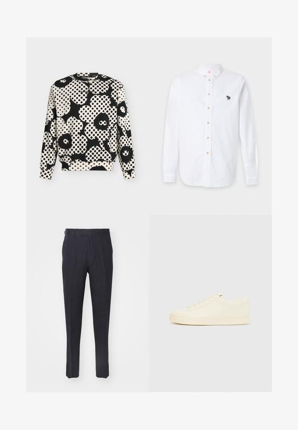 Witte sweater met lange mouwen met groot zwart-wit polkadot bloemenpatroon en zwarte geribde kraag en manchetten.; Witte herenoverhemd met lange mouwen en beige knopen, met een kleine geborduurde meerkleurige zebra op de linkerborst.; Marinebroeken gemaakt van een lichtgewicht stof, met een rechte pasvorm, een platte voorkant, riemlussen en twee zijzakken. Soepele textuur.; Slofkleurige sneaker met een glad leren bovenwerk, ronde neus, vetersluiting en een geribbelde rubberen zool. Minimalistisch ontwerp, zonder logo's.
