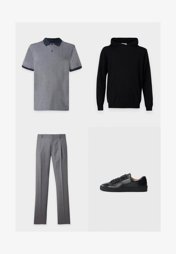 Sweat à capuche noir à manches longues avec couture centrale à l'avant et poignets et ourlet côtelés, présenté sur un fond gris clair uni.; Polo gris à manches courtes avec col et bords de manches bleu marine foncé, doté de deux boutons et d’un petit logo sur la poitrine sur un fond uni.; Pantalon gris sur mesure avec passants de ceinture, plis sur le devant et fermeture éclair sur le devant, présenté à plat sur un fond clair.; Baskets en cuir noir avec une texture lisse, bout rond et fermeture à lacets. Comprend une semelle en caoutchouc épaisse et un minimum de détails de marque.