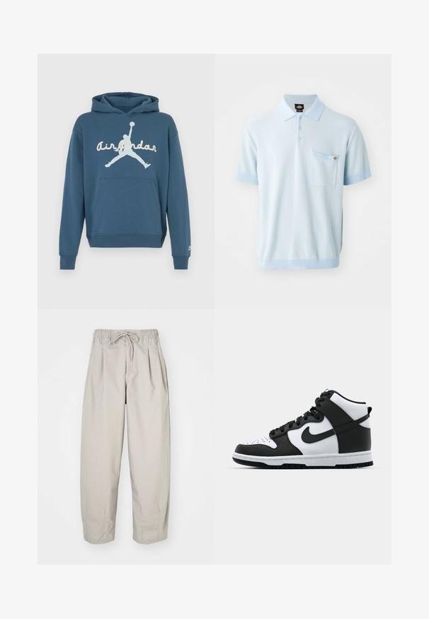 Sininen puuvillainen huppari kengurulokeroilla, resorit hihansuissa ja helmassa. Etuosassa suuri valkoinen "Air Jordan" -logo siluettikuvalla.; Vaaleansininen polo-paita, jossa on teksturoitu kangas, kolme nappia, lyhyet hihat, joissa on kontrastiväriset hihansuut, sekä etutasku rinnassa.; Haal beige, kevyet housut, joissa on joustava vyötärö ja nauhakuulut. Täydentää pleatit ja löysä istuvuus, valmistettu pehmeästä, sileästä kankaasta.; Mustavalkoinen korkeavartinen lenkkari, jossa on nahkainen päällinen, reikäkärkikuvio, merkittävä swoosh-logo ja teksturoitu kumipohja.