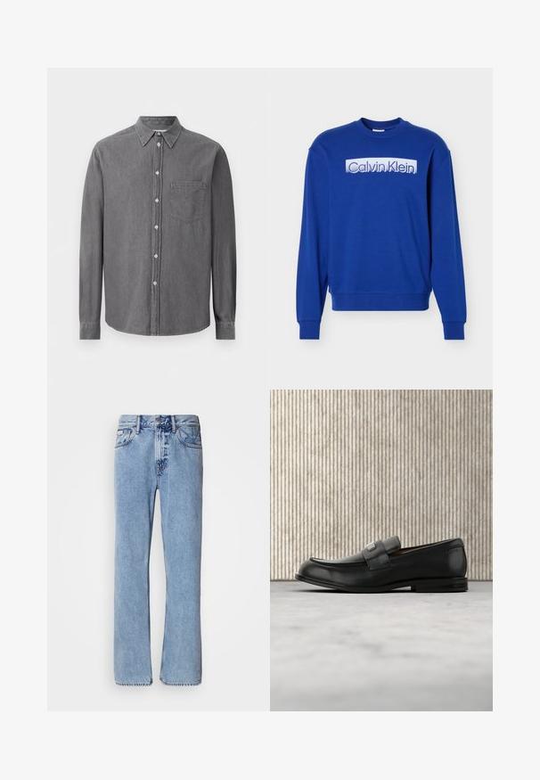 Sweat-shirt bleu à manches longues avec col rond, arborant le logo "Calvin Klein" en texte blanc bloc sur la poitrine.; Chemise à manches longues grise à boutons, en tissu doux, avec un col classique, une poche poitrine et une fermeture à boutons standard.; Jean en denim bleu clair avec une coupe droite, cinq poches et une fermeture à bouton. Détails de couture près des poches et de la taille.; Mocassin en cuir noir avec une plaque de marque en métal reposant près d'une table ronde marron sur un sol recouvert de moquette beige.