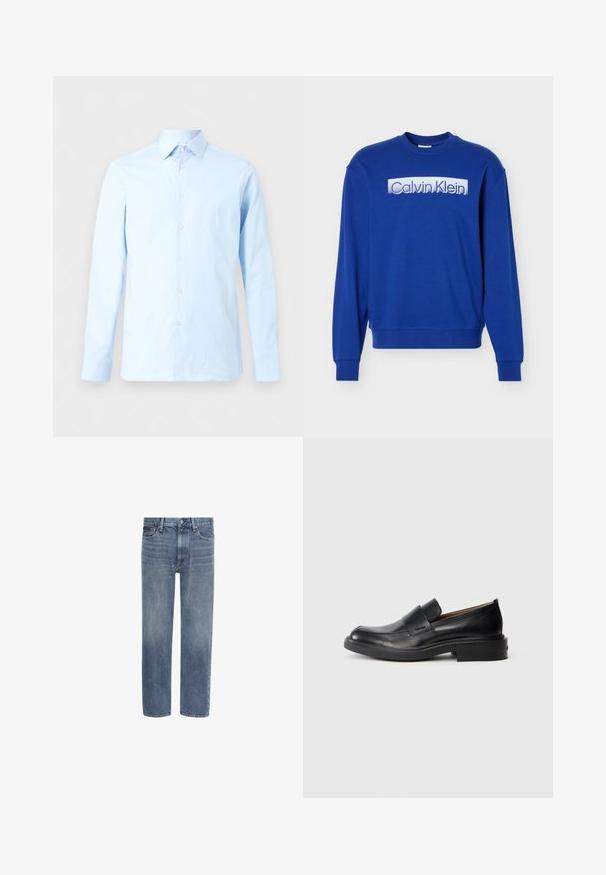 Sweat-shirt bleu à manches longues avec col rond, arborant le logo "Calvin Klein" en texte blanc bloc sur la poitrine.; Chemise de ville pour homme à manches longues bleu clair avec patte de boutonnage à l'avant et col pointu, présentée sur un fond blanc uni.; Jean en denim bleu à jambes droites, avec poches avant, passants de ceinture et fermeture par bouton.; Chaussure habillée noire en cuir, à enfiler, avec un petit talon et un logo Calvin Klein discret sur le côté, présentée de profil sur un fond blanc.