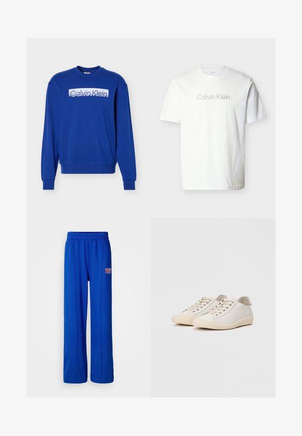 Blå langærmet sweatshirt med rund hals, med "Calvin Klein"-logo i hvid bloktekst på brystet.; Hvid kortærmet t-shirt lavet af bomuld med et gråt "Calvin Klein"-logo på tværs af brystet i en minimalistisk skrifttype.; Lyseblå elastiske sweatpants med lige ben og et lille rødt og hvidt "VERY" logo på højre lår.; Hvide sneakers lavet af glat læder med tonede stikninger, snørebåndslukning, rund tå og en tekstureret gummisål.