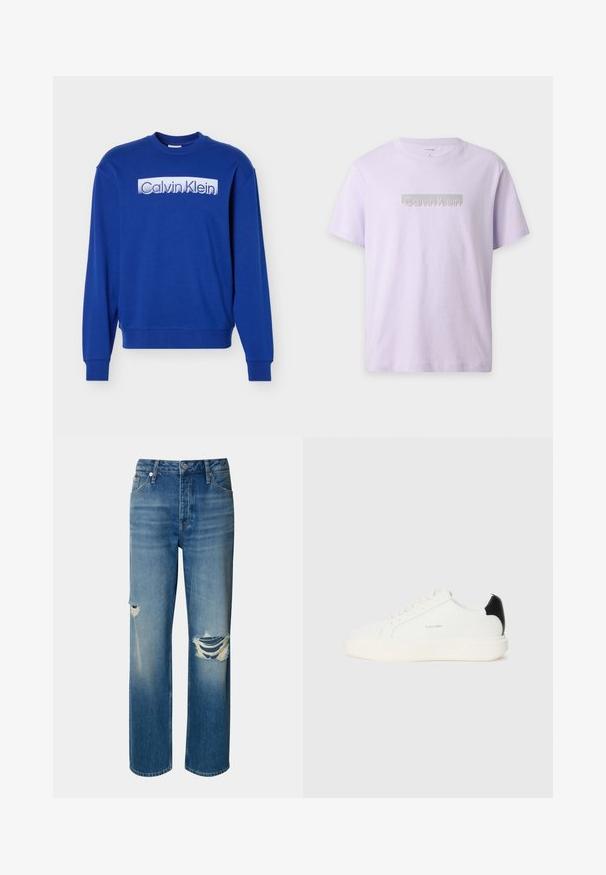 Modrá mikina s dlhým rukávom a okrúhlym výstrihom, na prednej strane logo "Calvin Klein" v bielom bloku textu.; Svetlofialové tričko s krátkym rukávom a okrúhlym výstrihom s logom "Calvin Klein" umiestneným v strede na hrudi v reflexnej potlači.; Svetlomodré džínsy s vysokým pásom, rovnými nohavicami a poškodenými miestami na oboch kolenách. Obsahujú klasický dizajn s piatimi vreckami a zapínanie na gombík.; Biele kožené tenisky s čiernym akcentom na päte, so zaoblenou špičkou, plochými šnúrkami a hrubou bielou podrážkou. Zobrazené logo Calvin Klein.