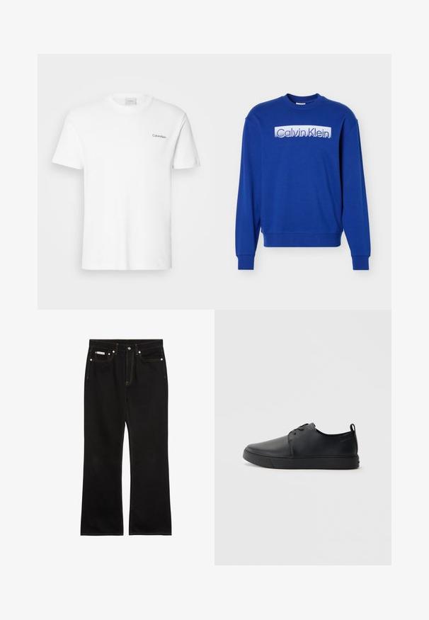 Sudadera azul de manga larga con cuello redondo, con el logo "Calvin Klein" en texto blanco en bloque en el pecho.; Camiseta de algodón blanca con mangas cortas y un escote en forma de cuello redondo. Presenta un pequeño logotipo negro de "Calvin Klein" en el lado izquierdo del pecho.; Vaqueros negros de pierna recta con costuras naranjas, cinco bolsillos, cierre de botón y una pequeña etiqueta Calvin Klein en el bolsillo delantero derecho.; Zapatilla negra de cuero con acabado suave, punta redondeada, costuras a tono, cordones en la parte delantera y suela de goma plana. Asa en el talón.