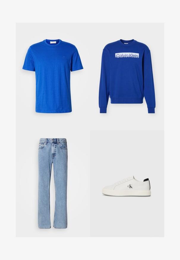 Blauwe sweatshirt met lange mouwen en ronde hals, met het "Calvin Klein" logo in witte blokletters op de borst.; Blauw crewneck t-shirt van katoen, met korte mouwen en een subtiel logo op de borst, weergegeven op een witte achtergrond.; Lichtblauwe denim jeans met een recht ontwerp, vijf zakken en een knoopsluiting. Stikdetails nabij de zakken en de tailleband.; Witte leren sneakers met een ronde neus, platte rubberen zool en zwarte hielaccent. Voorzien van een prominent zwart Calvin Klein-logo aan de zijkant.