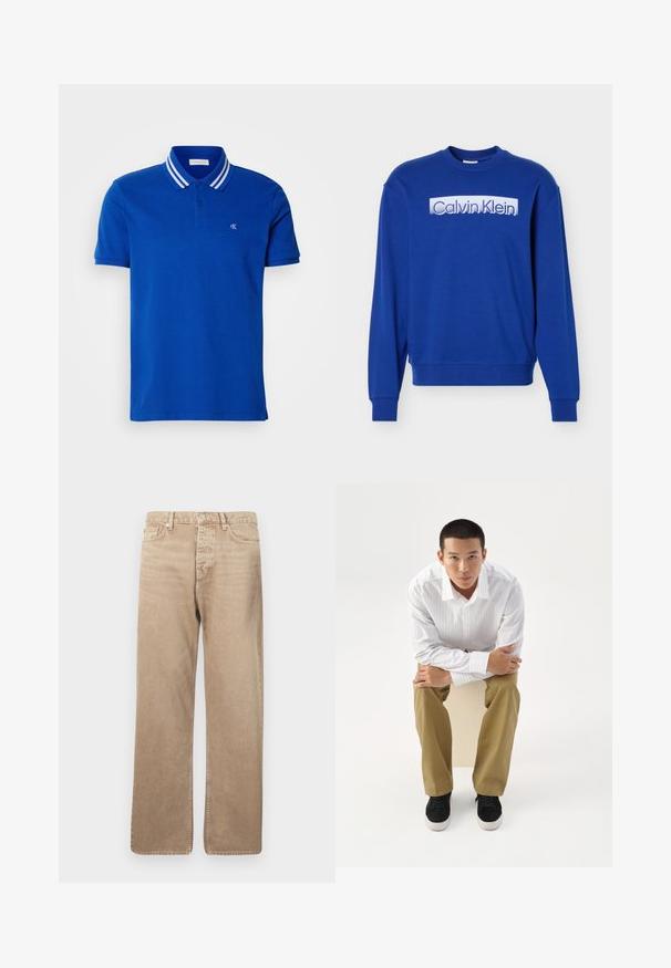 Blå langærmet sweatshirt med rund hals, med "Calvin Klein"-logo i hvid bloktekst på brystet.; Blå polo skjorte lavet af bomuld, med en tre-knaps lukning, stribet krave i hvid, og et broderet logo på brystet.; Beige denimjeans med lige pasform, der har fem lommer, knaplukning og kontrasterende syninger. Glat tekstur og minimal slid.; Ung mand i hvidt stribet skjorte og khakibukser sidder fremadlænet på en skammel med armene krydset, og ser direkte frem på en hvid baggrund.