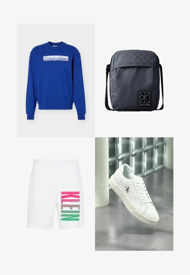 Sweat-shirt bleu à manches longues avec col rond, arborant le logo "Calvin Klein" en texte blanc bloc sur la poitrine.; Short blanc avec taille élastique et grand texte vertical "KLEIN" sur la jambe droite en dégradé de rose, gris et vert.; Baskets blanches Calvin Klein avec lacets, présentées en suspension au-dessus d'un sol en béton poli et d'un mur en blocs de verre en arrière-plan.; Sac bandoulière Calvin Klein gris foncé avec un motif monogramme subtil, poche avant zippée et sangle noire ajustable.