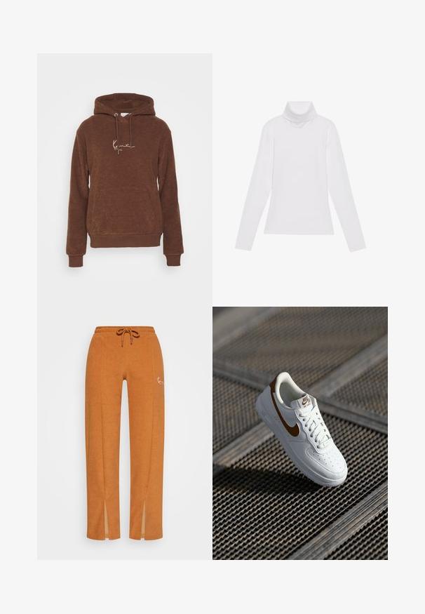 Pruun kapuutsiga sviiter, millel on tekstureeritud kangas, ees tasku ja nöörid. Tikitud logo heledamas värvitoonis.; Valge pikkade varrukate turtleneck-särk, mis on valmistatud siledast ja venivast kangast. Omab kõrget kraed ja keha lähedast lõiget, ilma nähtavate mustrite või kaunistusteta.; Roostetoonilised spordipüksid pehmest kangast, millel on nööriga vöökoht, külgmised lõhikud pahkluudel ja diskreetne logo detail.; Valged nahast tossud, millel on augud, pruun Nike swoosh ja paelad. Iseloomulik tekstuuriga talla ja polsterdatud kraega.