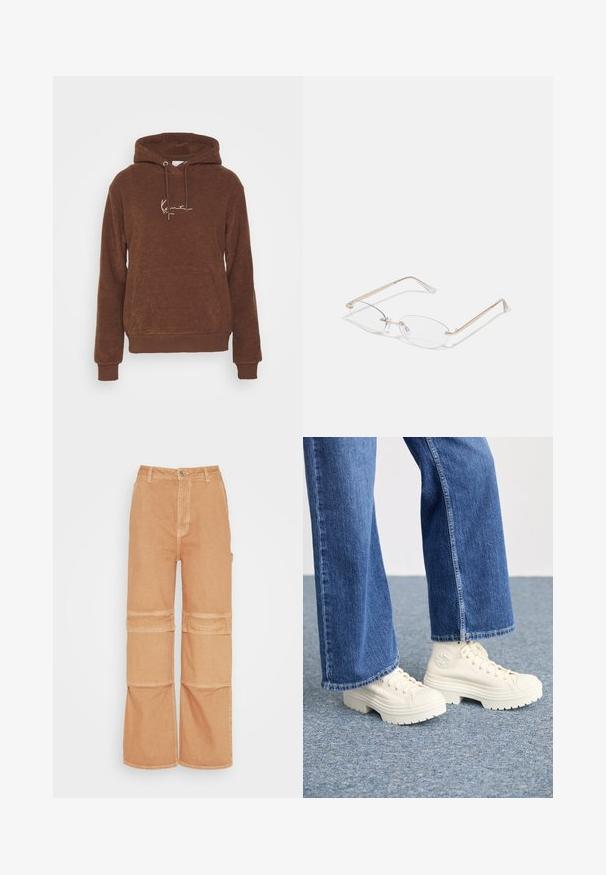Brauner Kapuzenpullover aus strukturiertem Stoff, mit einer Vordertasche und Zugbändern. Besticktes Logo in hellerer Farbe.; Samsøe Samsøe Jeans Relaxed Fit - earth; Weiße High-Top-Sneaker mit dicken, geriffelten Sohlen und kreisförmigem Logodetail, getragen mit hellblauen, weit geschnittenen Jeans.; Goldfarbene Metallbrille mit ovalen Gläsern, schlanken Bügeln und klaren Nasenpolstern. Verfügt über subtile Scharnierakzente und transparente Gläser.