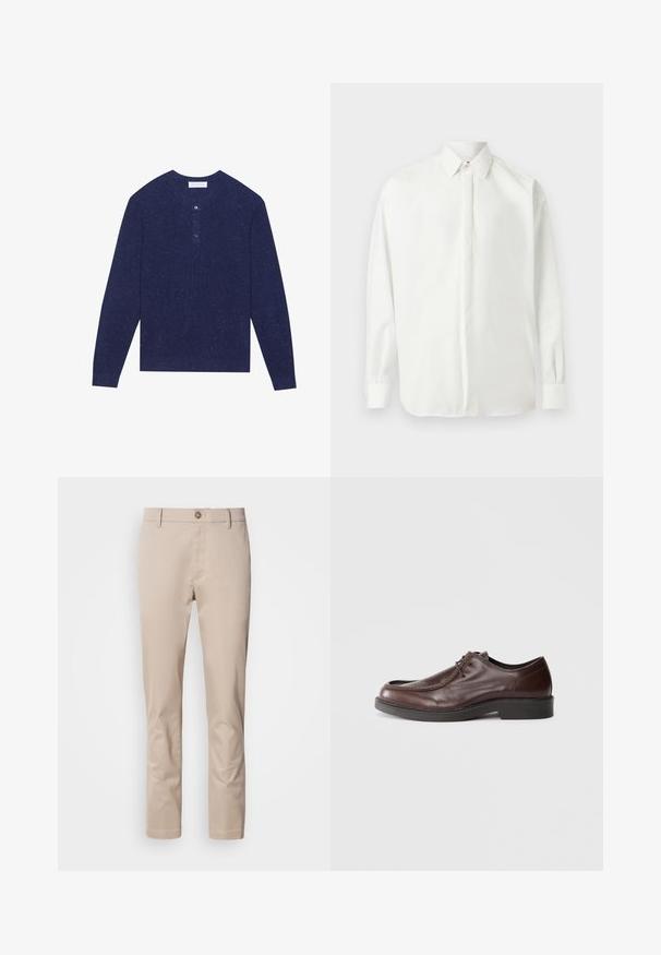 Marineblauw geribbelde lange mouwen henley shirt met drie zwarte knopen bij de kraag en een zachte textuur, met lichte kleurspatten door het geheel.; Wit overhemd met lange mouwen, knoopsluiting, spitse kraag en geknoopte manchetten, plat uitgestald op een lichtgrijze achtergrond.; Beige katoenen chino's met een rechte pasvorm, riemlussen, een enkele voorknoop en een gladde, niet-gestructureerde oppervlakte. Er zijn geen zichtbare zakken.; Bruine leren nette schoen met een ronde neus, minimale stiksels en een stevige zwarte zool. Voorzien van vetersluiting en een gladde textuur.