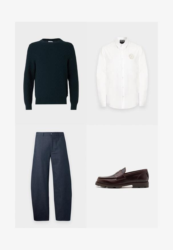 Mørkegrøn strikket sweater med tekstureret mønster, rund halsudskæring og ribstrikkede manchetter, med sidesplit ved kanten.; Hvid langærmet skjorte med knapper, spids krave og Versace Jeans Couture cirkulært logo på venstre bryst.; Mørkeblå vide jeans lavet af denim, med knaplukning, bæltestropper og en glat tekstur uden synlige mønstre.; Brune læder loafer med en mokkasinstil overdel, tekstureret syning og en robust sål med multidirektionale dæk.
