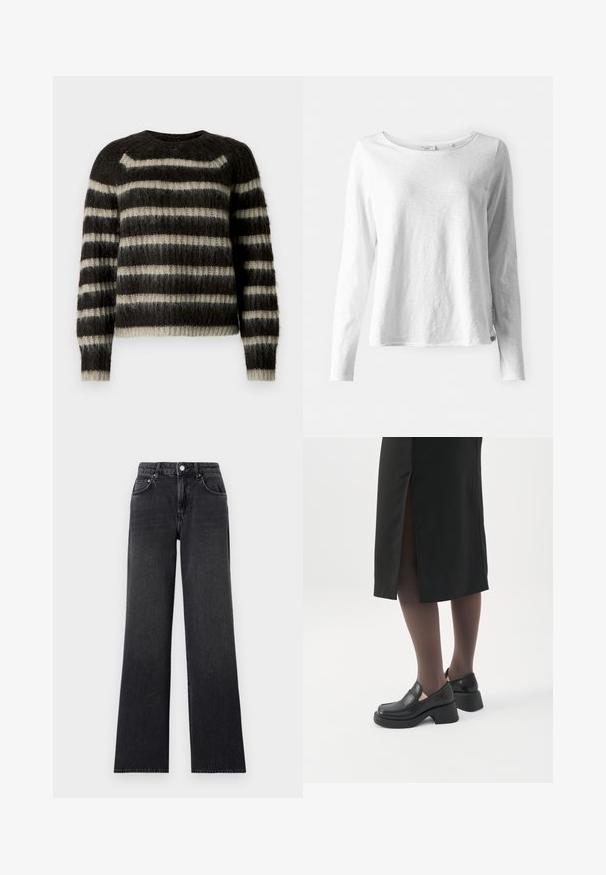 Brauner und beiger flauschiger Strickpullover mit horizontalen Streifen und langen Ärmeln auf weißem Hintergrund.; Langärmliges weißes T-Shirt aus weichem, leichtem Stoff; mit rundem Halsausschnitt und leicht lockerer Passform; Etikett an der Seite sichtbar.; Schwarze Weitbein-Jeans aus Denim, mit hoher Taille, Gürtelschlaufen und klassischem Fünf-Taschen-Design mit kupferfarbenen Akzenten.; Frau trägt schwarze Loafers mit klobigem Absatz, schwarze transparente Strumpfhosen und einen schwarzen Rock mit Schlitz hinten vor weißem Hintergrund.