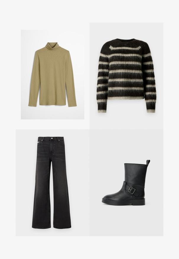 Bruine en beige zachte gebreide trui met horizontale strepen en lange mouwen op een witte achtergrond.; Langarm turtleneck-top in licht olijfgroen, met een slim fit en een gladde, licht gestructureerde stof zonder versieringen.; Zwarte wijde denim jeans met knoop- en ritsluiting aan de voorkant, riemlussen en vijf zakken.; Zwarte leren enkelboot met een ronde neus, platte zool en een zilveren gespaccent aan de zijkant. Beschikt over een lus aan de achterkant.