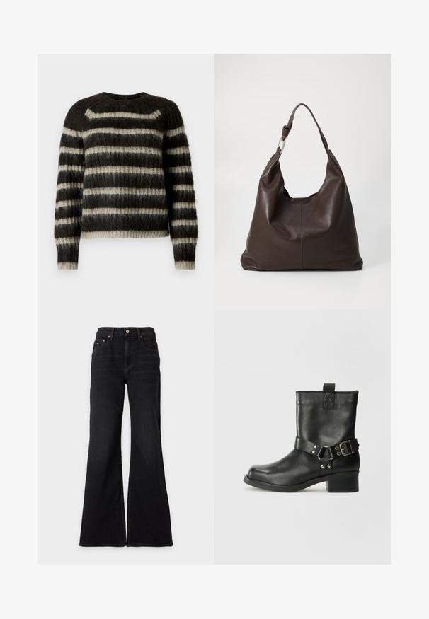 Brun og beige fuzzy strikket sweater med vandrette striber og lange ærmer på hvid baggrund.; Sorte jeans med høj talje og vide ben, lukning foran med knap og lynlås, bæltestropper og fem-lommer-design mod en ensfarvet hvid baggrund.; Samsøe Samsøe SABRENTA - Cowboy- / bikerstøvlette - black; Zign by Zalando LEATHER - Shopping bags - chocolate brown